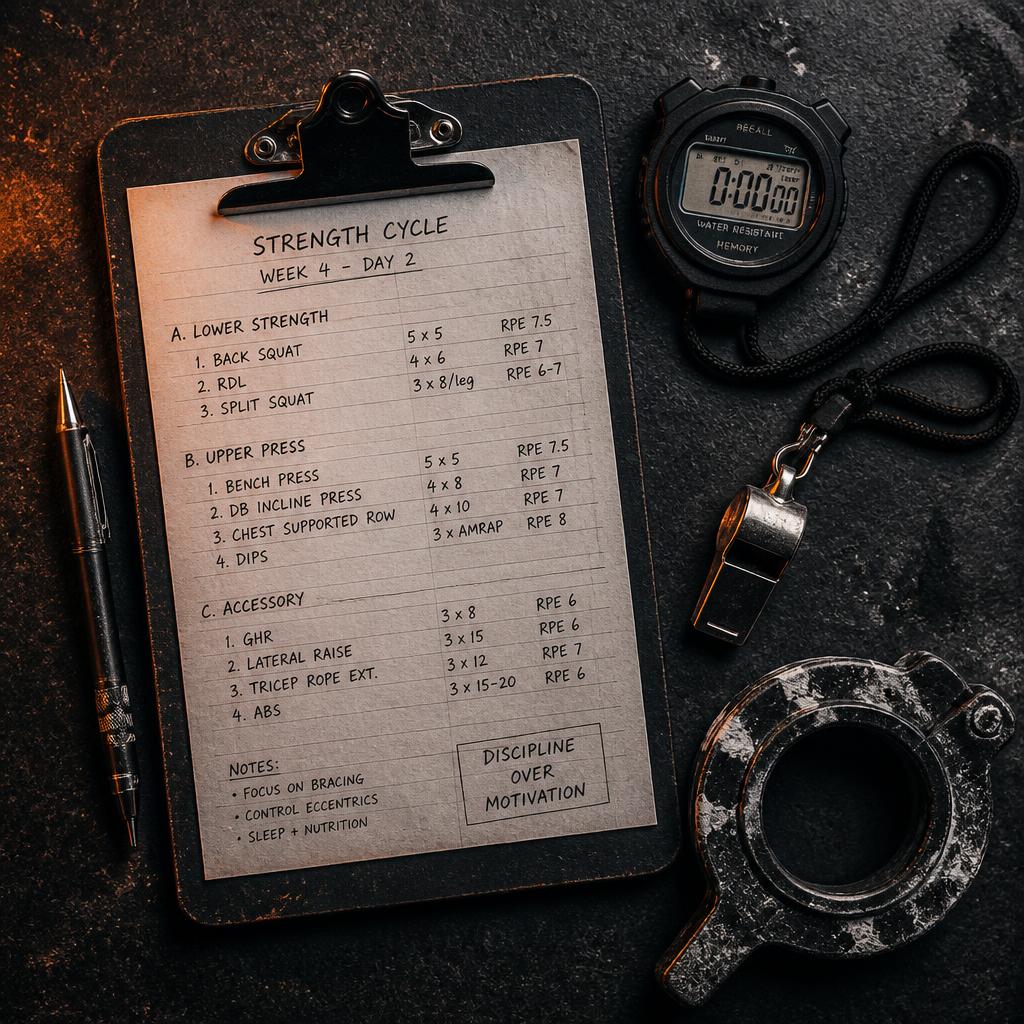Coach's clipboard with a written training program, stopwatch, and whistle on a dark gym floor