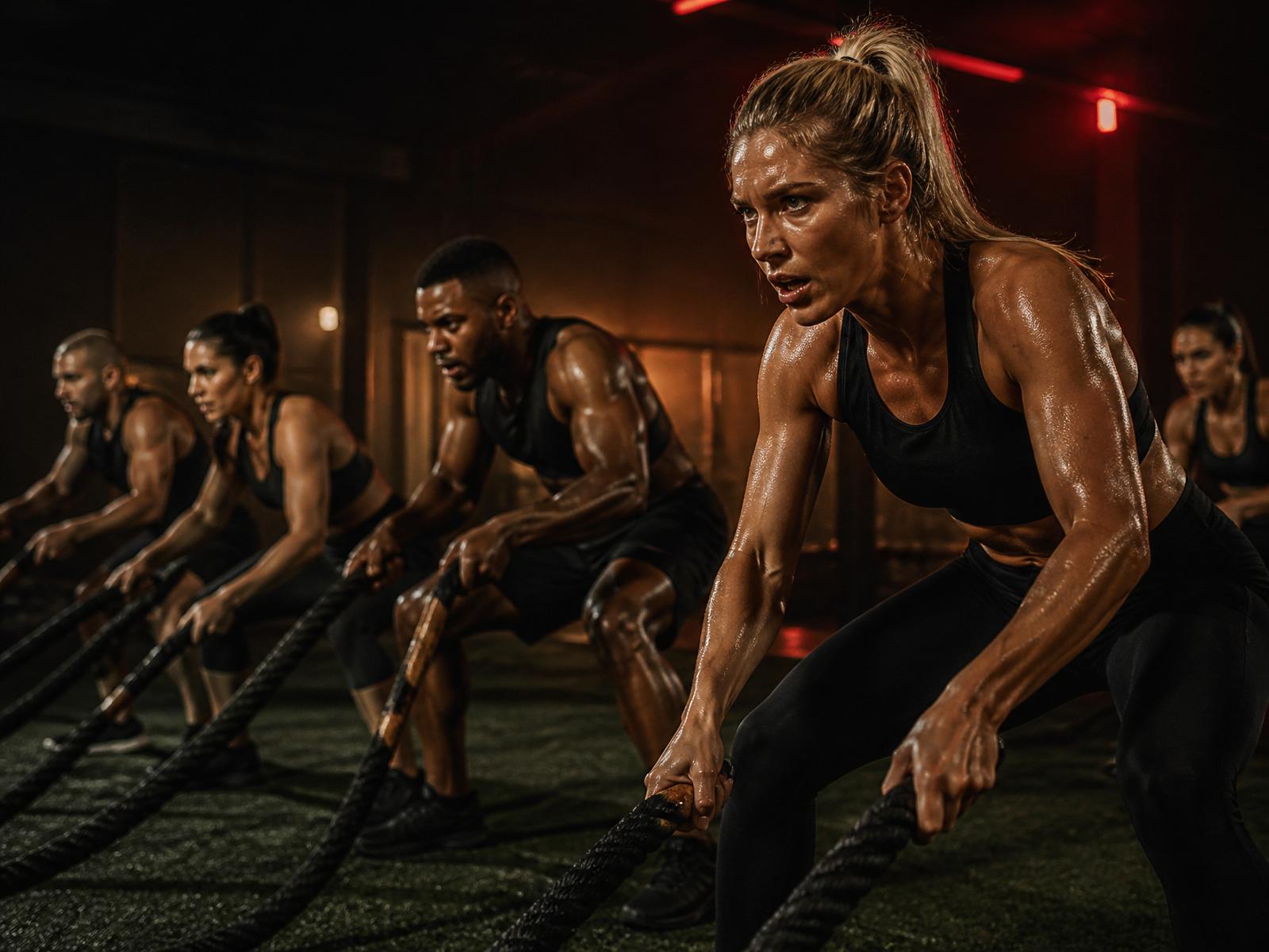 Group class driving battle ropes in unison on turf