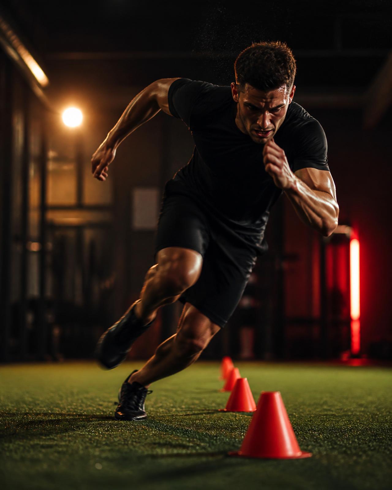 Athlete sprinting through agility cone drills on turf in a dark gym