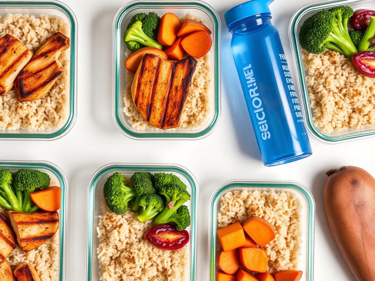 Healthy meal prep containers with chicken, rice and vegetables