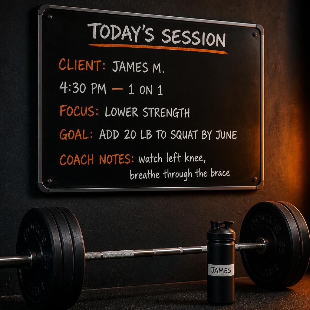 Gym whiteboard showing a one-on-one session plan with client name, focus, and coach notes above a loaded barbell