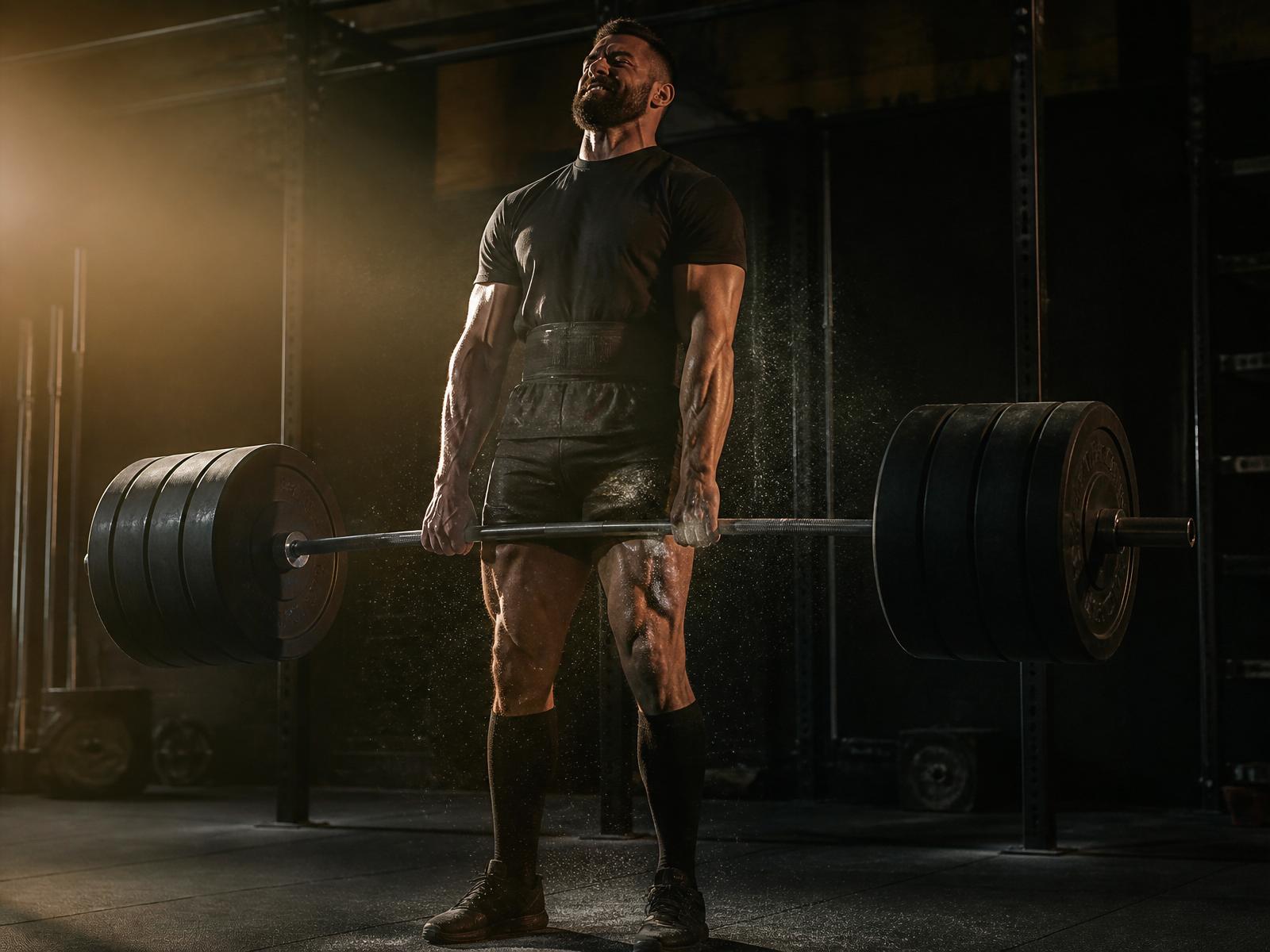 Athlete locking out a heavy barbell deadlift under warm gym light